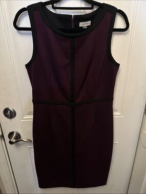 Calvin Klein Deep Plum Midi Sheath Dress with Black Accents size 8